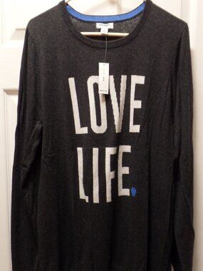 NWT Old Navy XL 18 16 100% Cotton LOVE LIFE Graphic Sweater Charcoal Gray & Blue